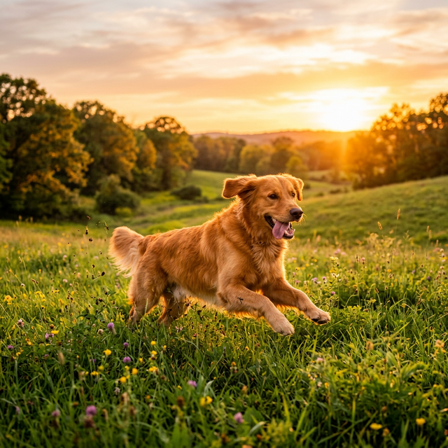 A healthy dog running joyfully in a meadow at sunset