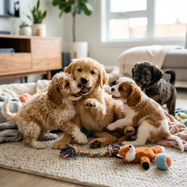 Vibrant close-up of adorable fluffy puppies playing